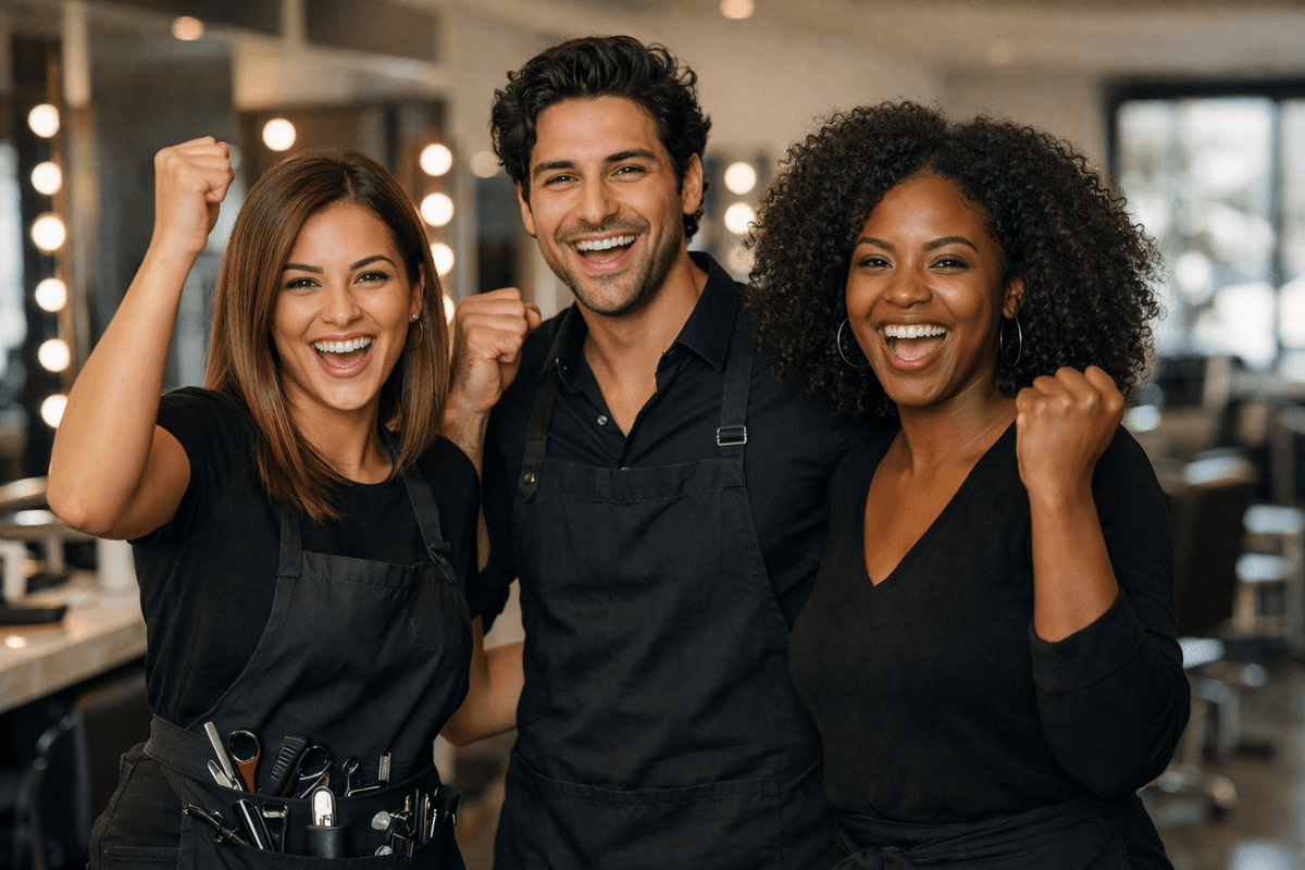 Equipe de salão com profissionais diversos comemorando resultado em frente ao espelho
