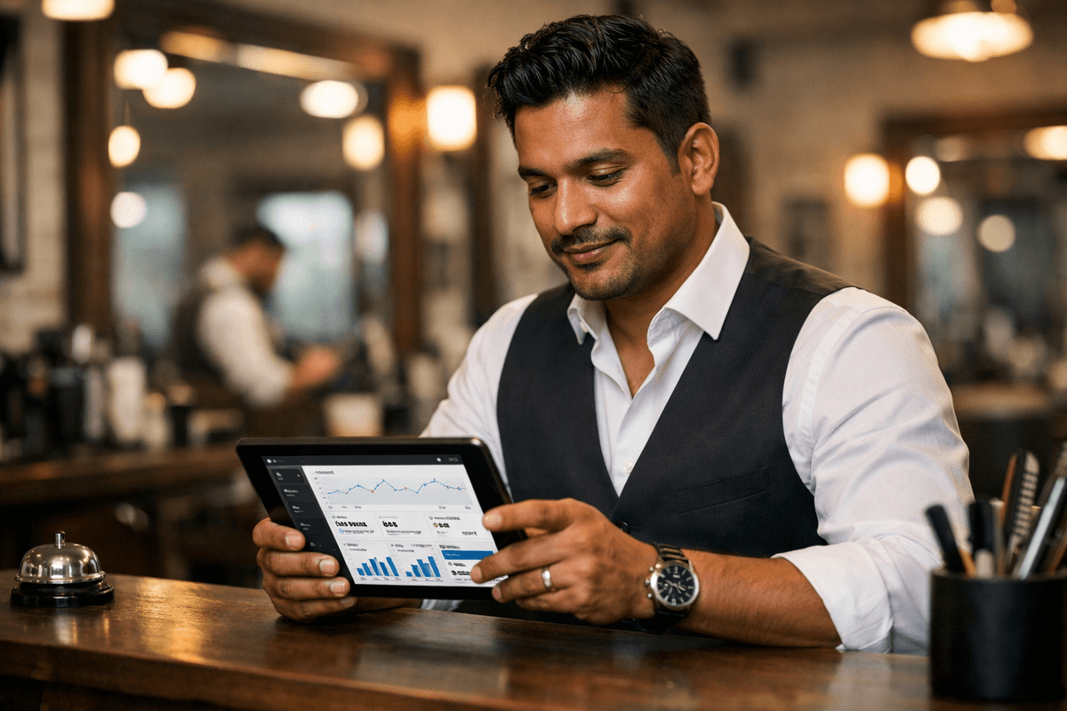 Proprietário de barbearia analisando relatórios de sistema de gestão em tablet no balcão