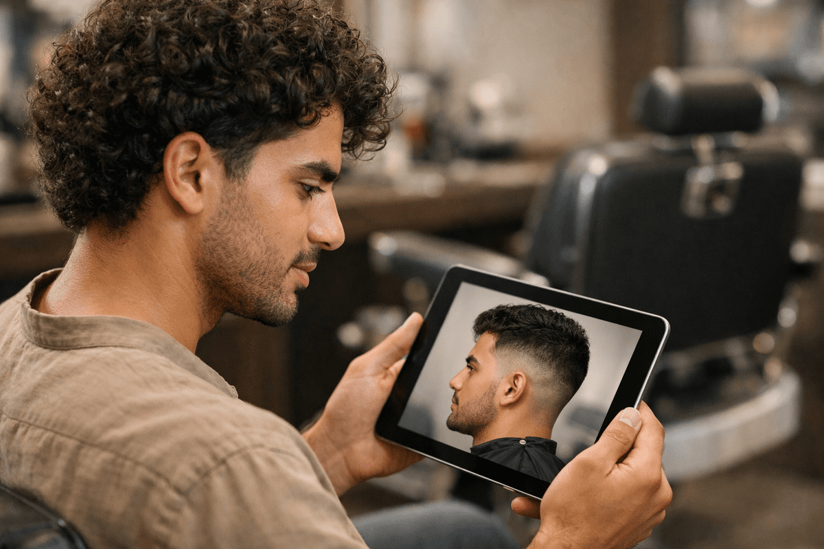Cliente visualizando simulação de corte degradê em tablet antes do atendimento na barbearia