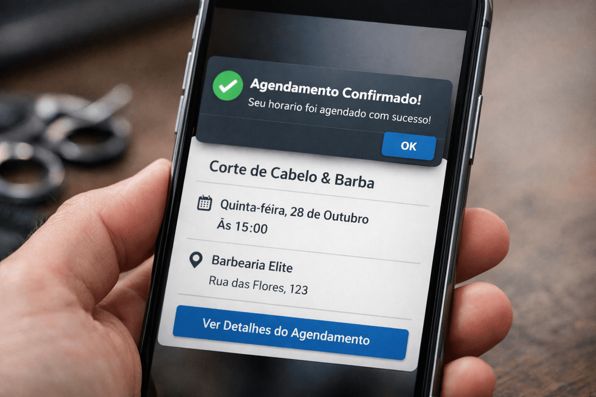 Notificação de confirmação de horário em smartphone com interface de sistema de barbearia