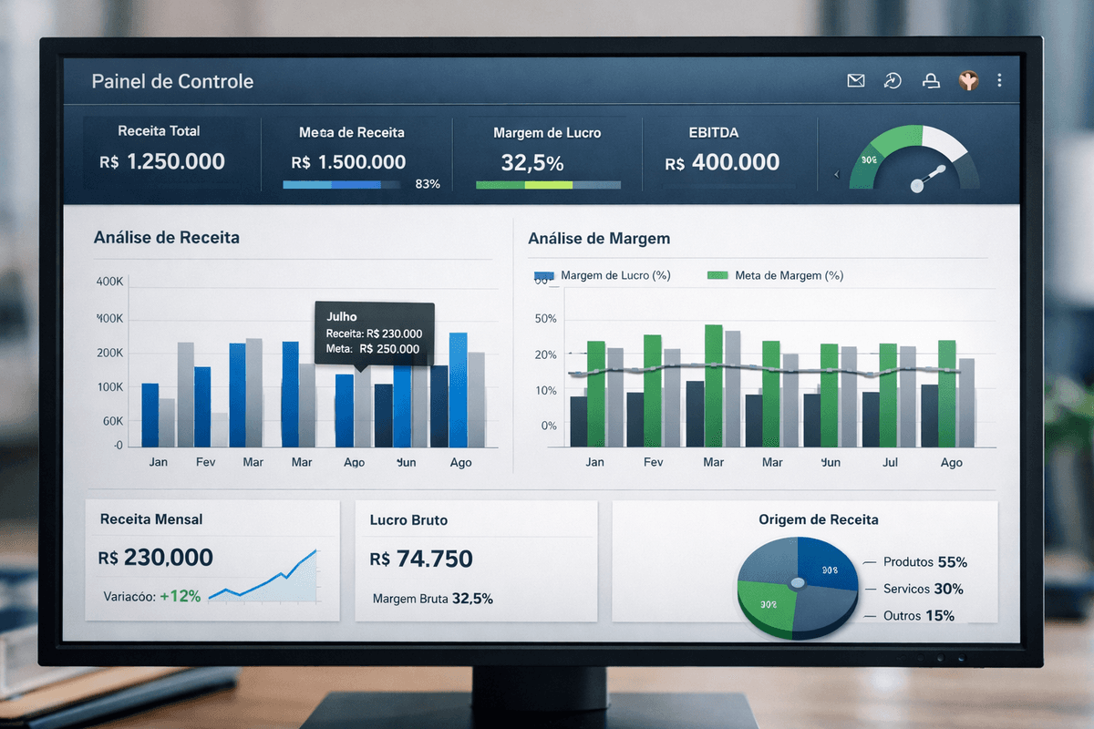 Dashboard de relatórios gerenciais de barbearia mostrando indicadores de margem e recorrência em tela