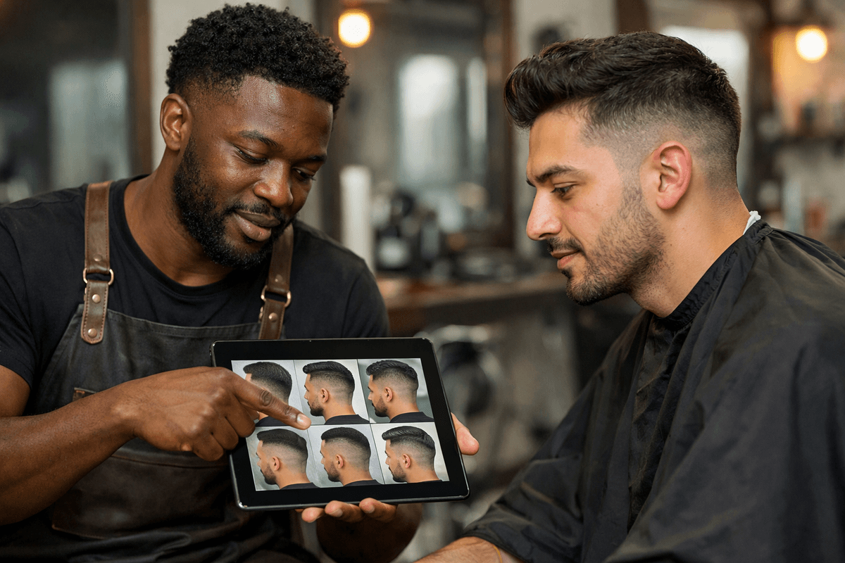 Barbeiro mostrando simulação de corte degradê em tablet para cliente antes do atendimento