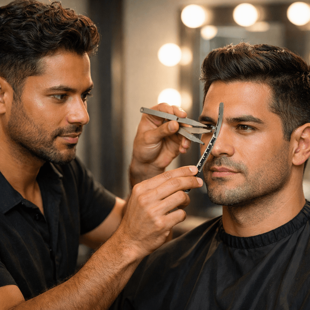 Visagista analisando proporções faciais de cliente masculino em salão com espelho iluminado