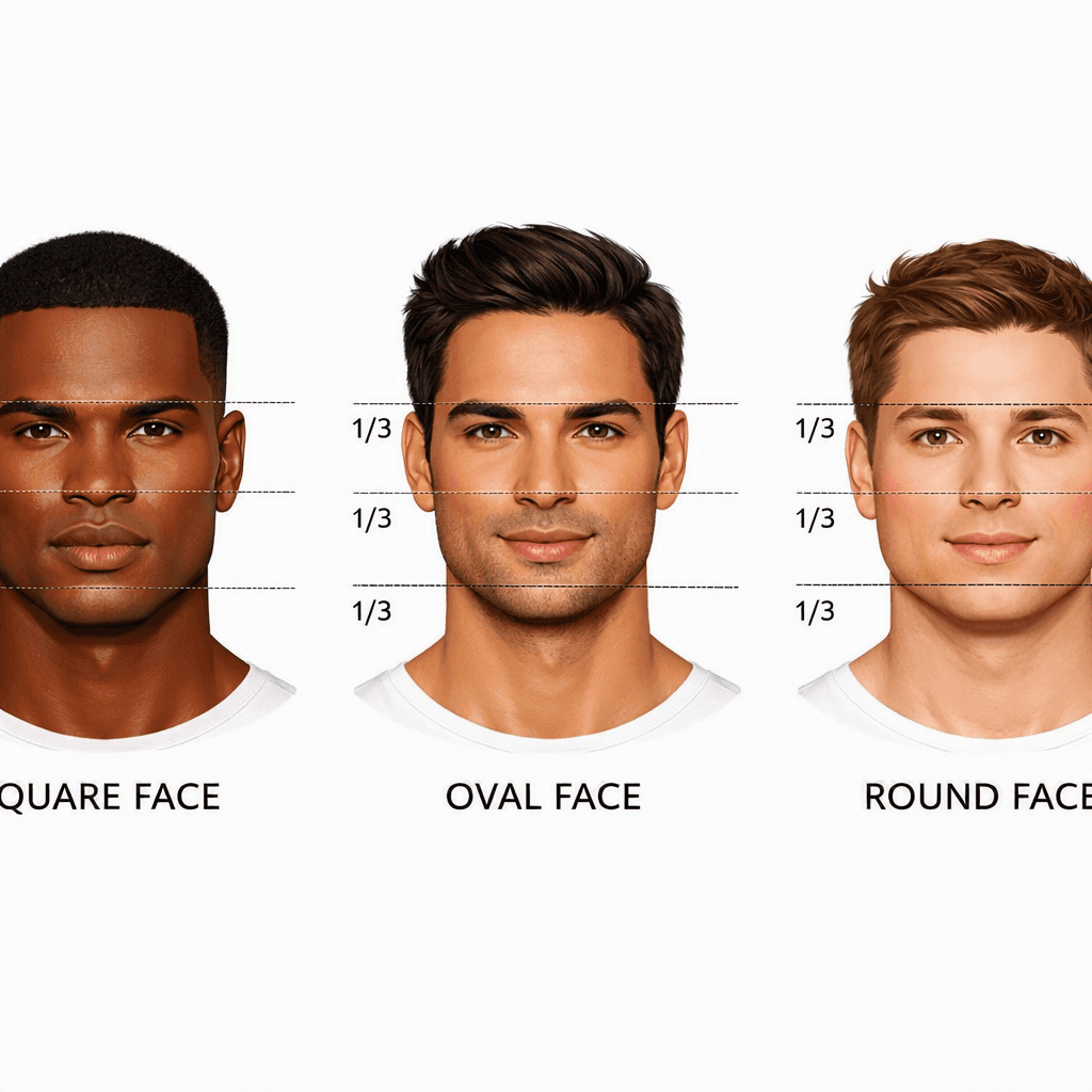 Comparação de diferentes formatos de rosto masculino com linhas de medição de proporções faciais