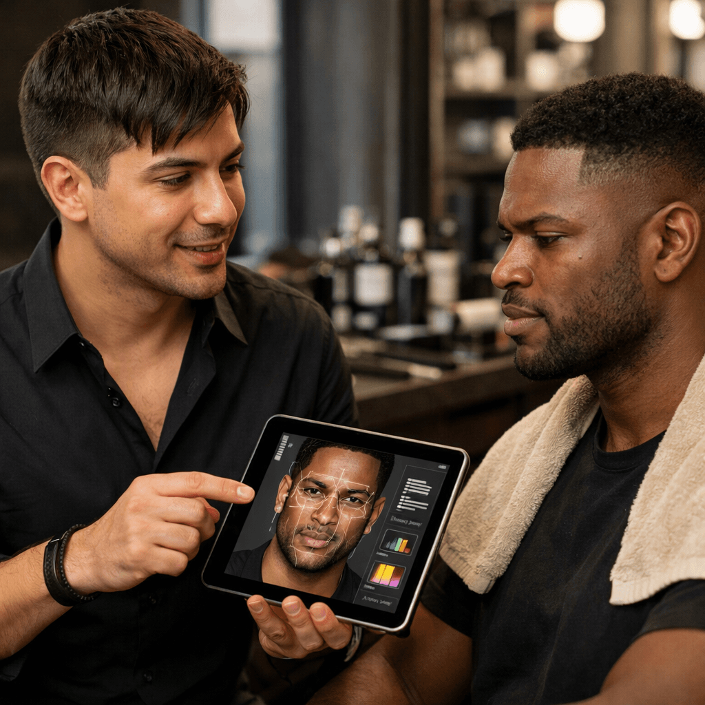 Profissional aplicando técnica de análise facial em homem com rosto quadrado antes de recomendar estilo de barba