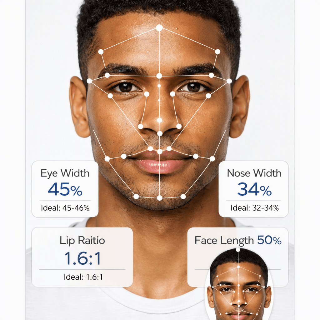 Tela de análise facial do app PandaMi mostrando mapeamento de proporções e formato de rosto masculino