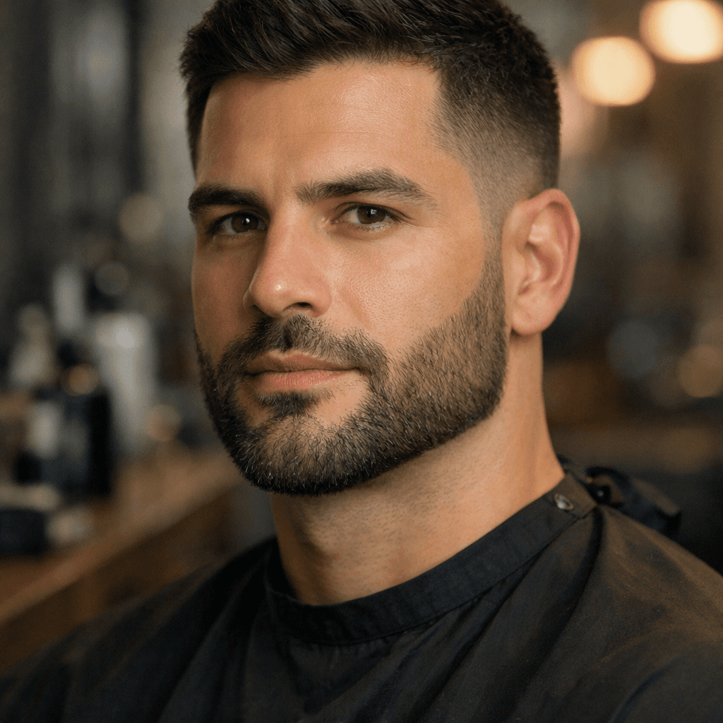 Barba degradê com linha definida em homem com rosto quadrado e mandíbula marcada