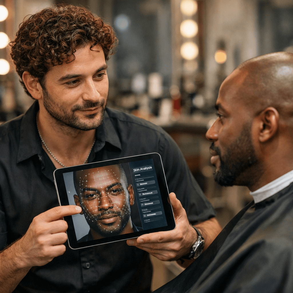 Barbeiro usando análise digital de formato de rosto em tablet para consulta de visagismo com cliente