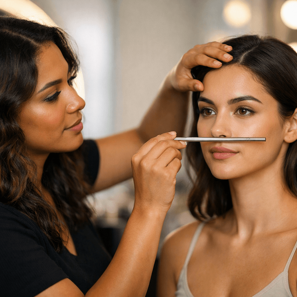 Maquiadora analisando proporções faciais de cliente com espelho iluminado em salão de beleza