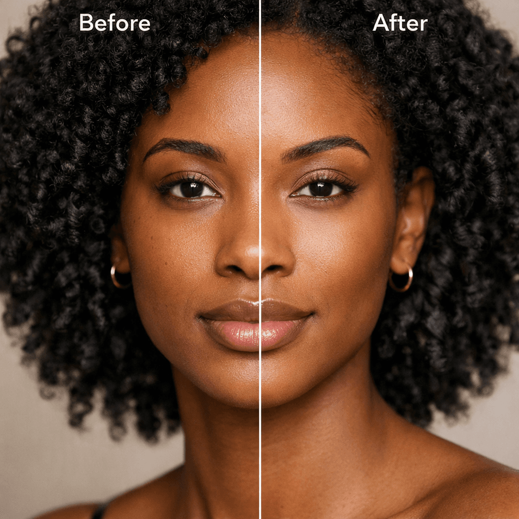 Antes e depois de contorno facial em mulher com rosto oval mostrando técnica de sombreamento