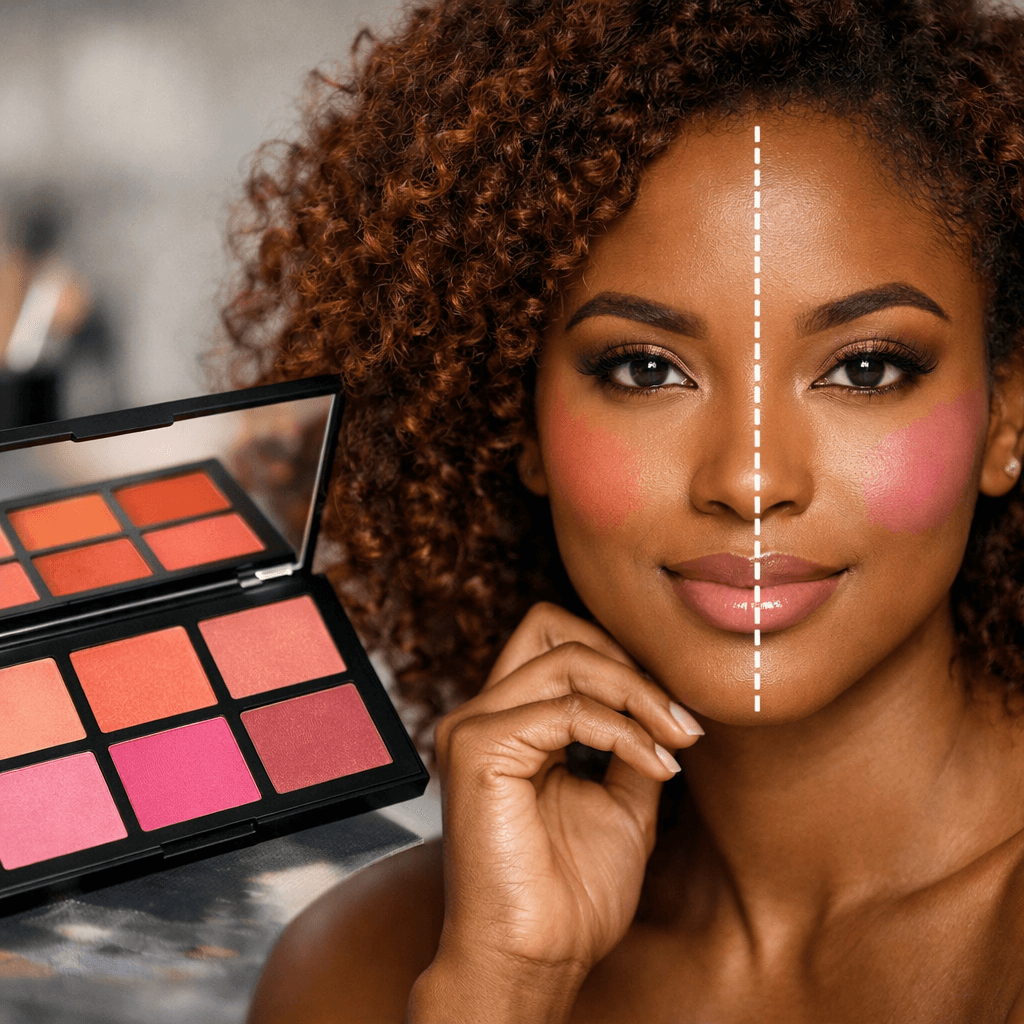 Paleta de cores de blush e mulher com rosto coração demonstrando harmonia cromática