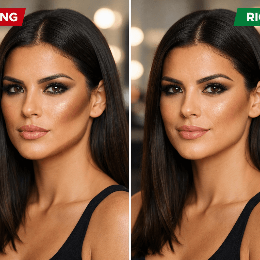 Comparação visual de aplicação correta e incorreta de contorno facial em mulher