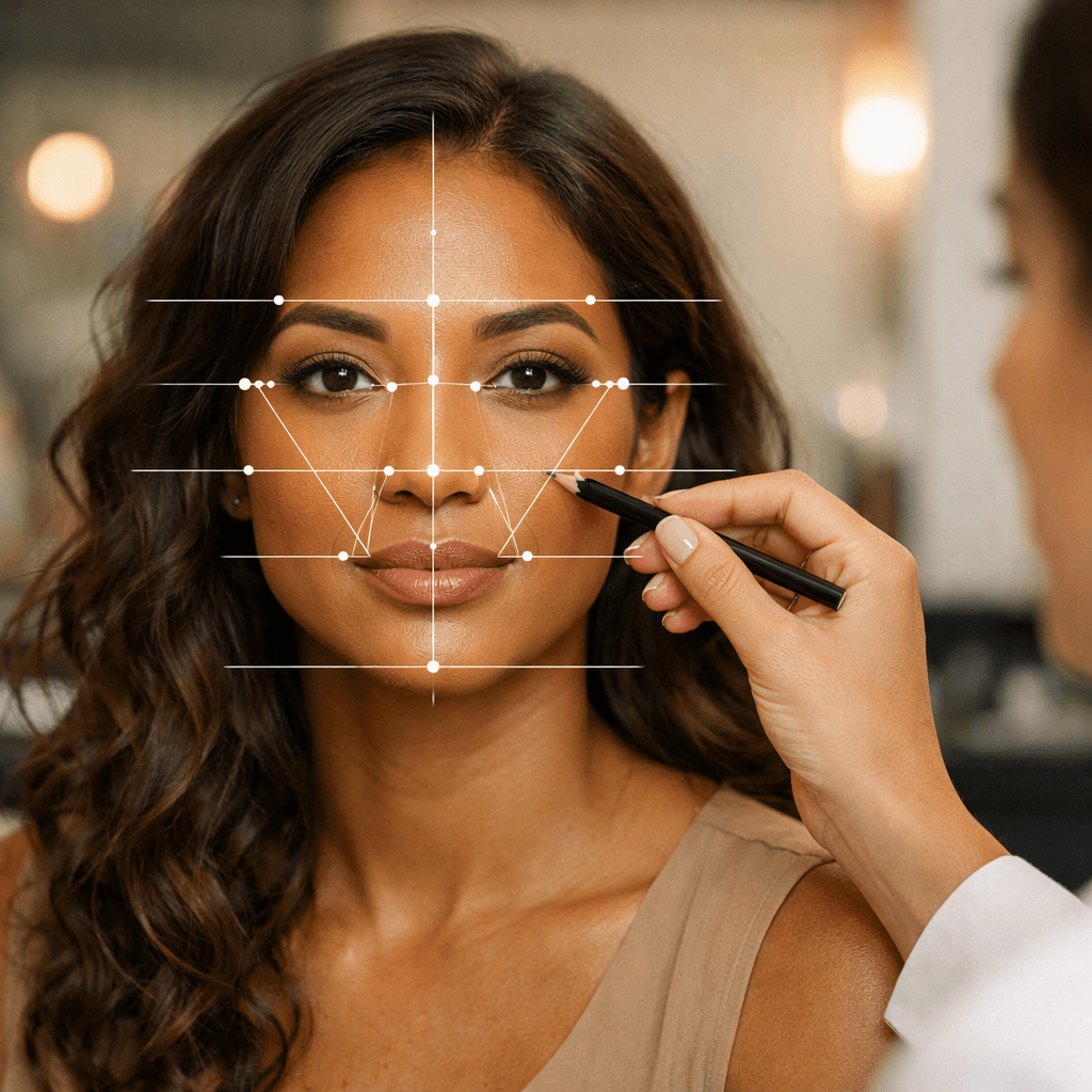 Análise de proporções faciais em mulher demonstrando metodologia de visagismo