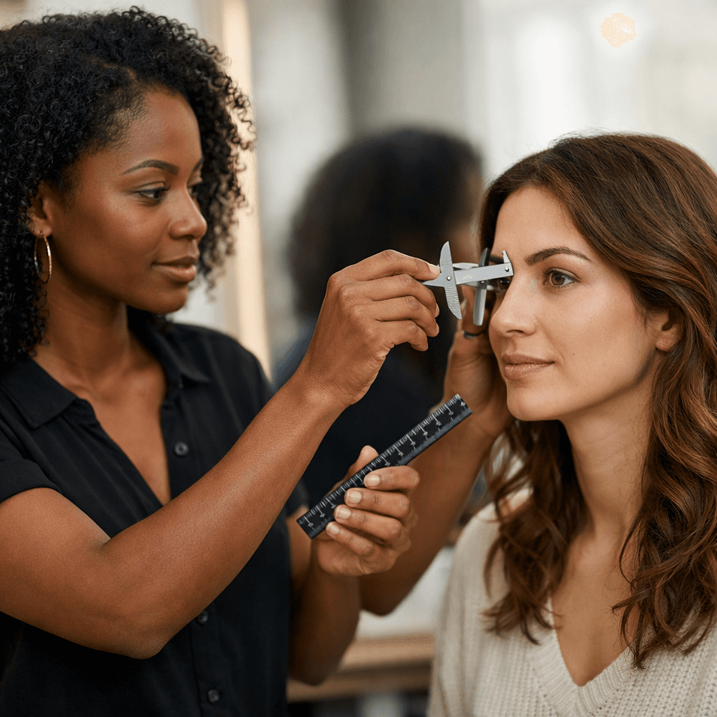 Profissional de beleza analisando formato e traços faciais de cliente no salão