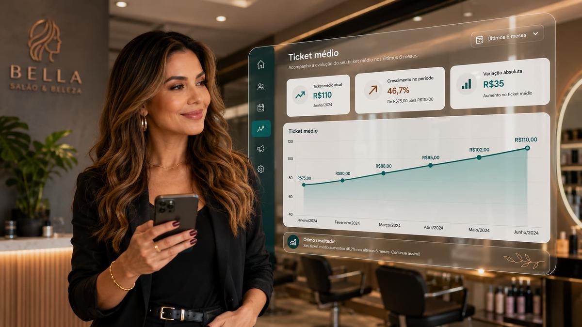 Empresária observa gráfico de crescimento do ticket médio do salão de beleza em tela digital de sistema de <a href=