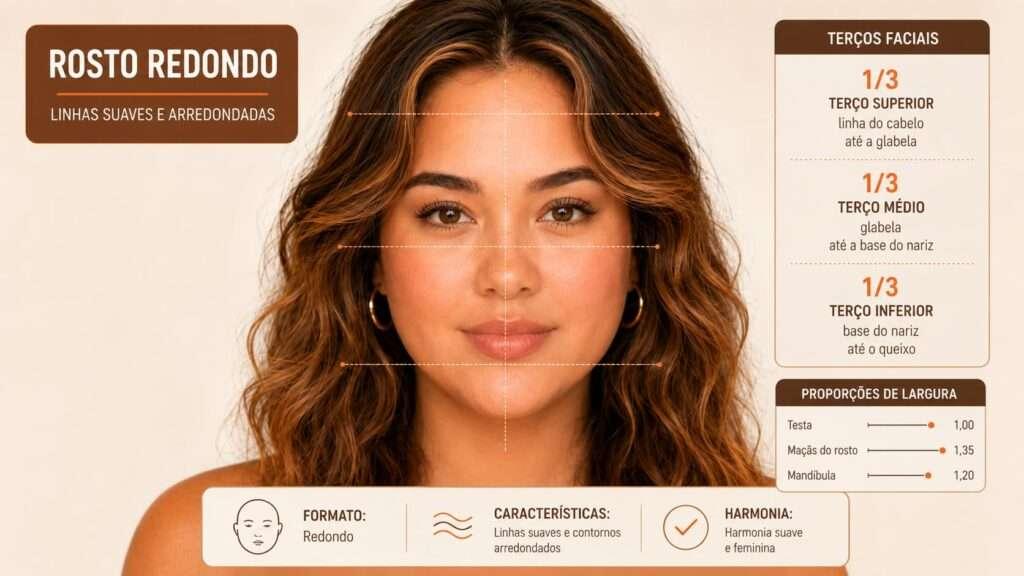 Análise facial no pandami identificando formato de rosto redondo e traços para visagismo. Texto: Análise Facial com IA.