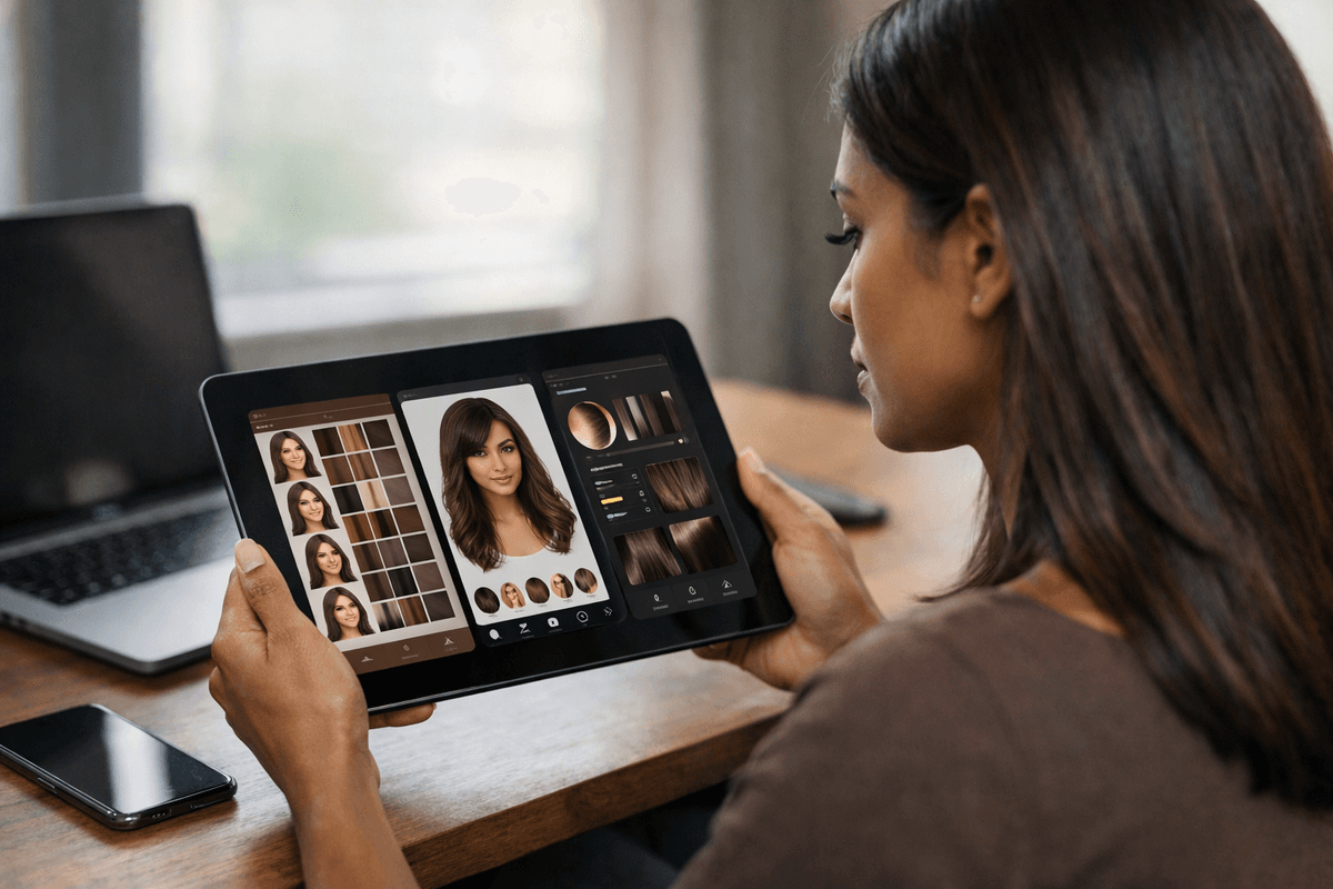 Profissional de tecnologia comparando três tipos diferentes de aplicativos de cabelo em tablet