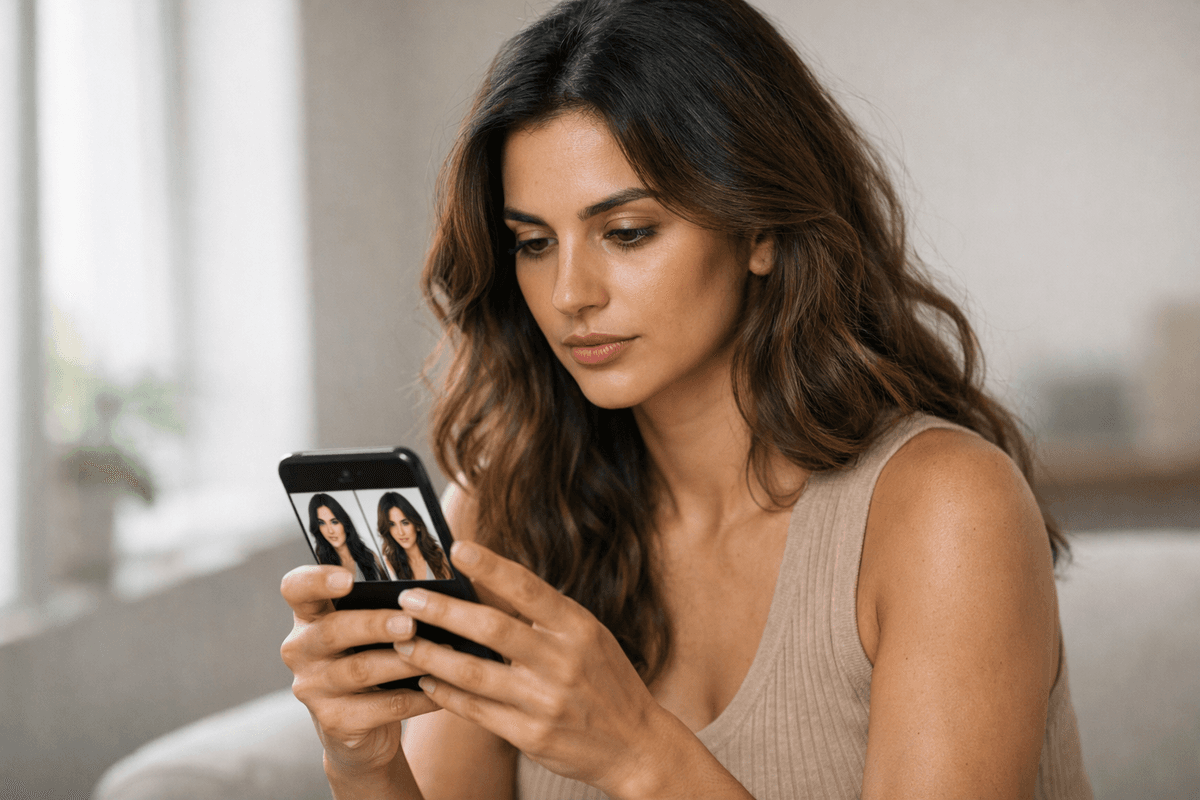 Mulher usando smartphone para comparar resultados de diferentes aplicativos de teste de corte