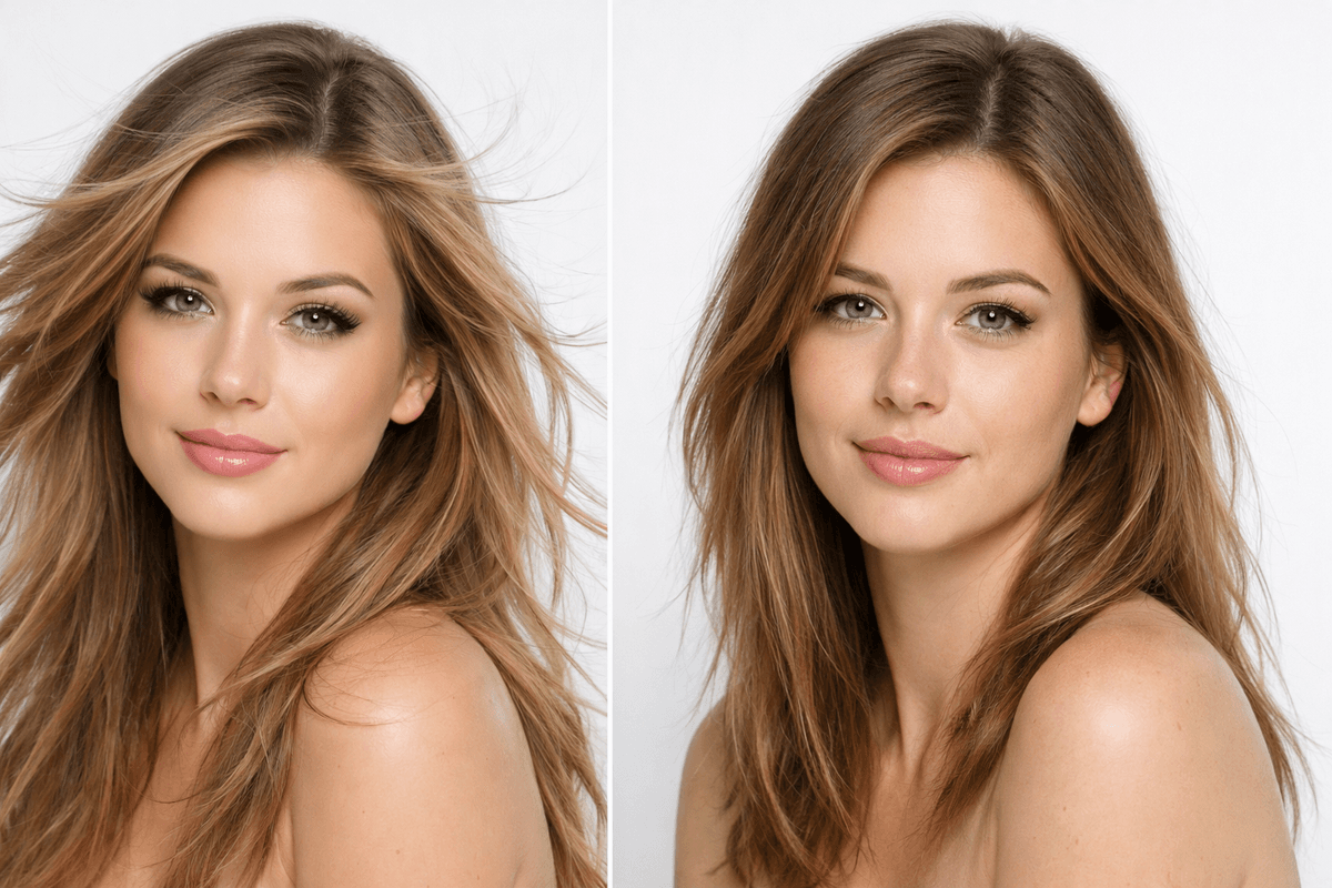 Comparação lado a lado mostrando efeito capacete de filtro versus simulação realista de corte