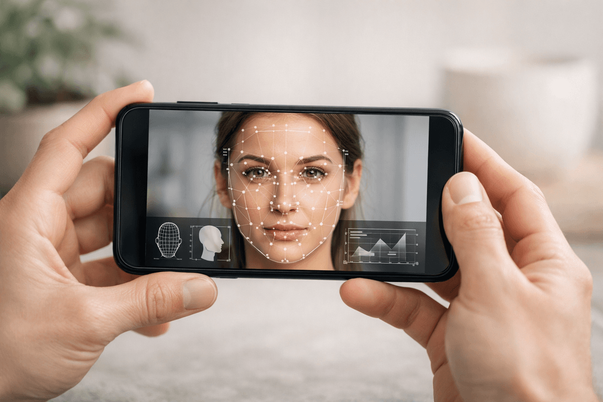 Passo a passo da análise facial no celular com pontos marcados no rosto