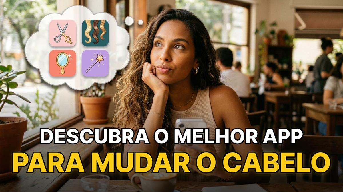 mulher pensativa em café com ícones de aplicativos que mudam o cabelo. Texto: Descubra o melhor app para mudar o cabelo.