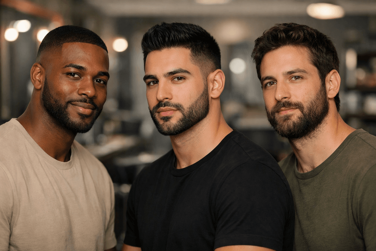 Exemplos de barba com transição, contorno marcado e borda natural