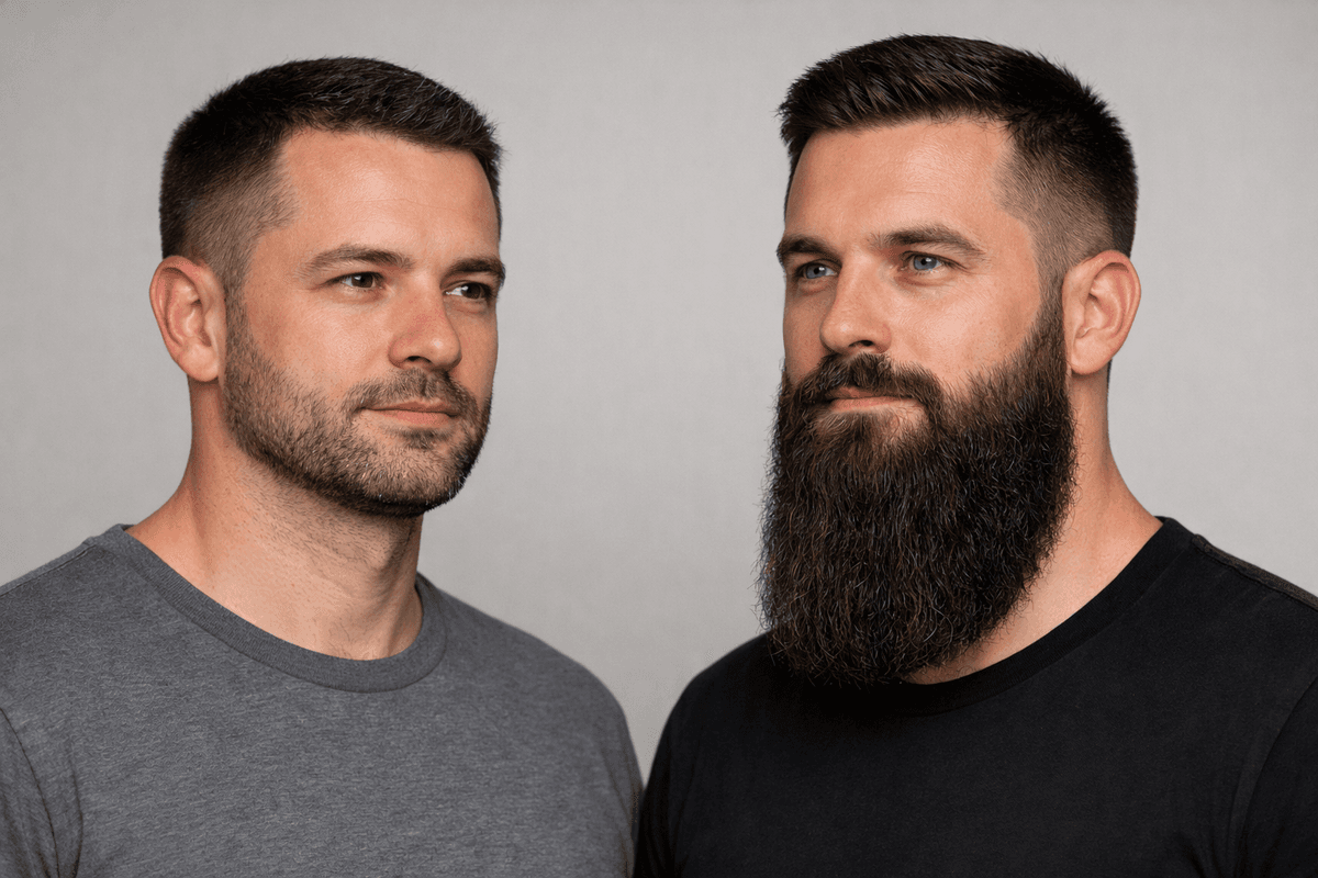 Comparação ilustrativa de barba curta e barba de maior comprimento