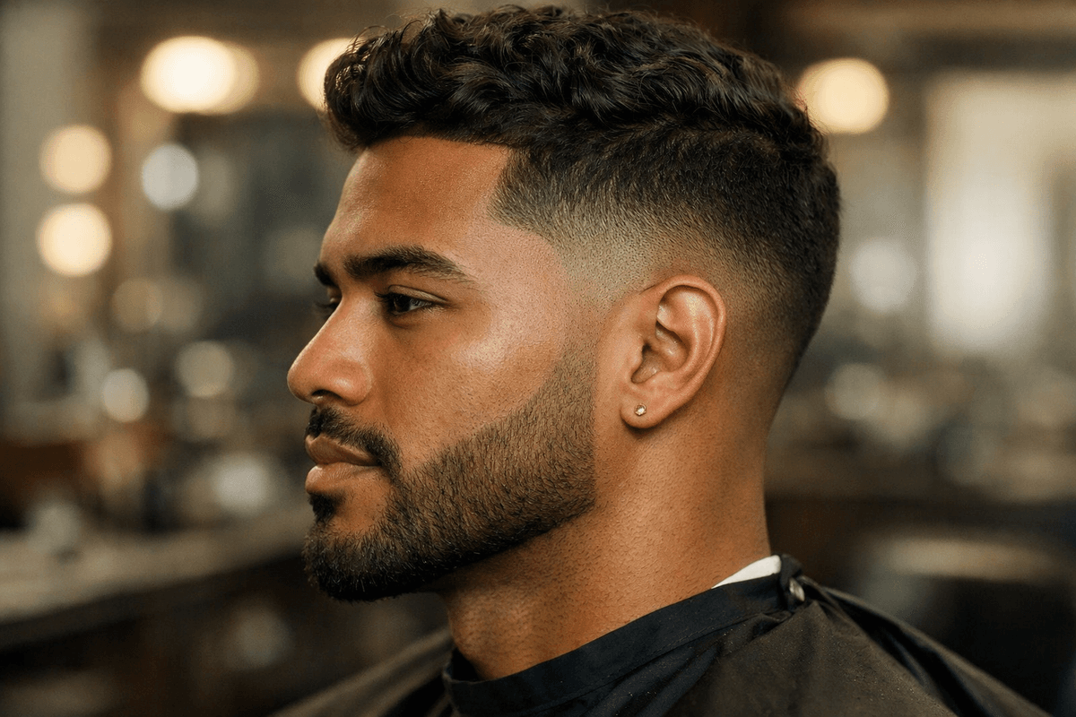 Transição curta na costeleta com região próxima da pele entre cabelo e barba