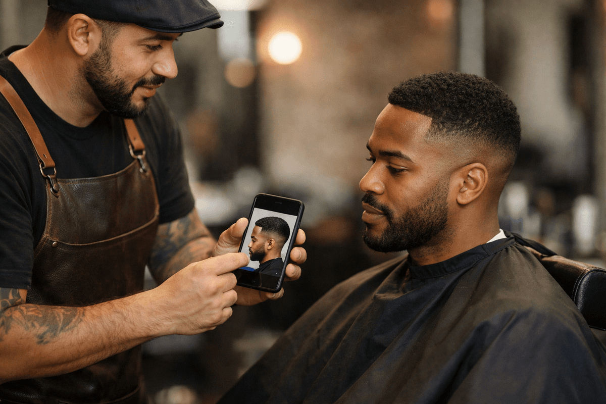 Barbeiro mostrando foto de referência para cliente durante consulta de barba degradê