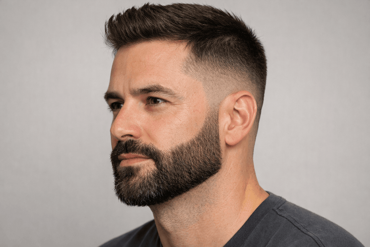 Barba com degradê na costeleta e contorno definido