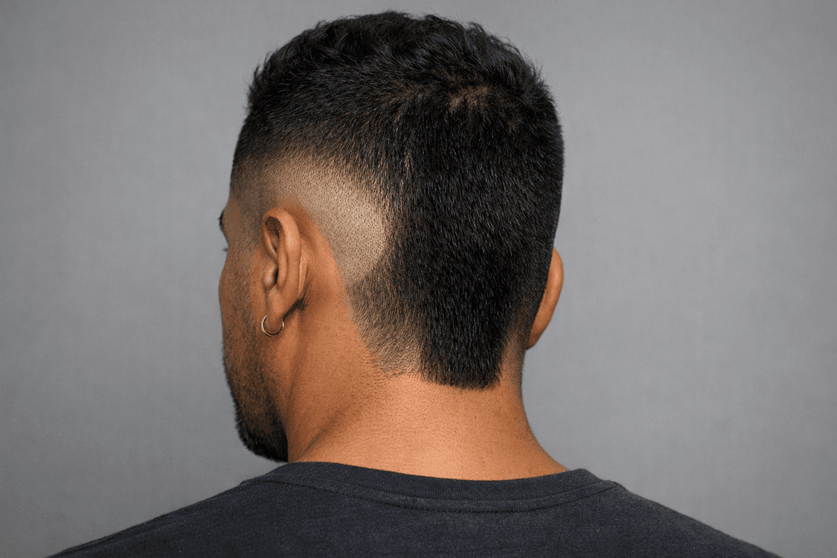 Burst fade com cabelo preservado atrás do arco