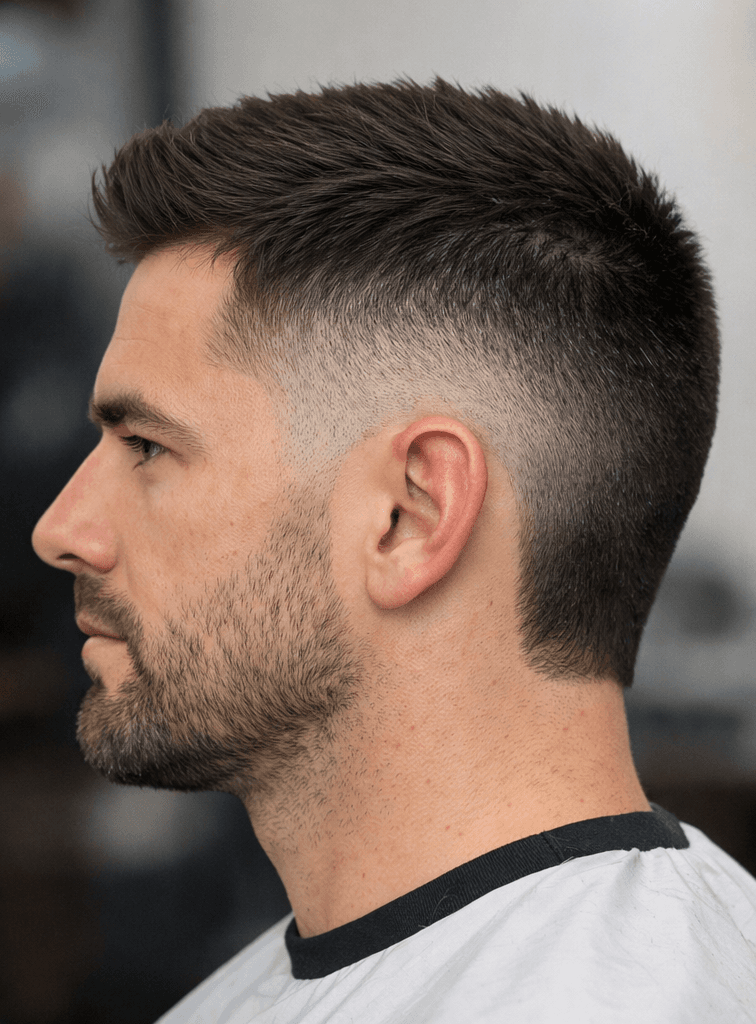 Burst fade de perfil com topo texturizado e nuca preservada