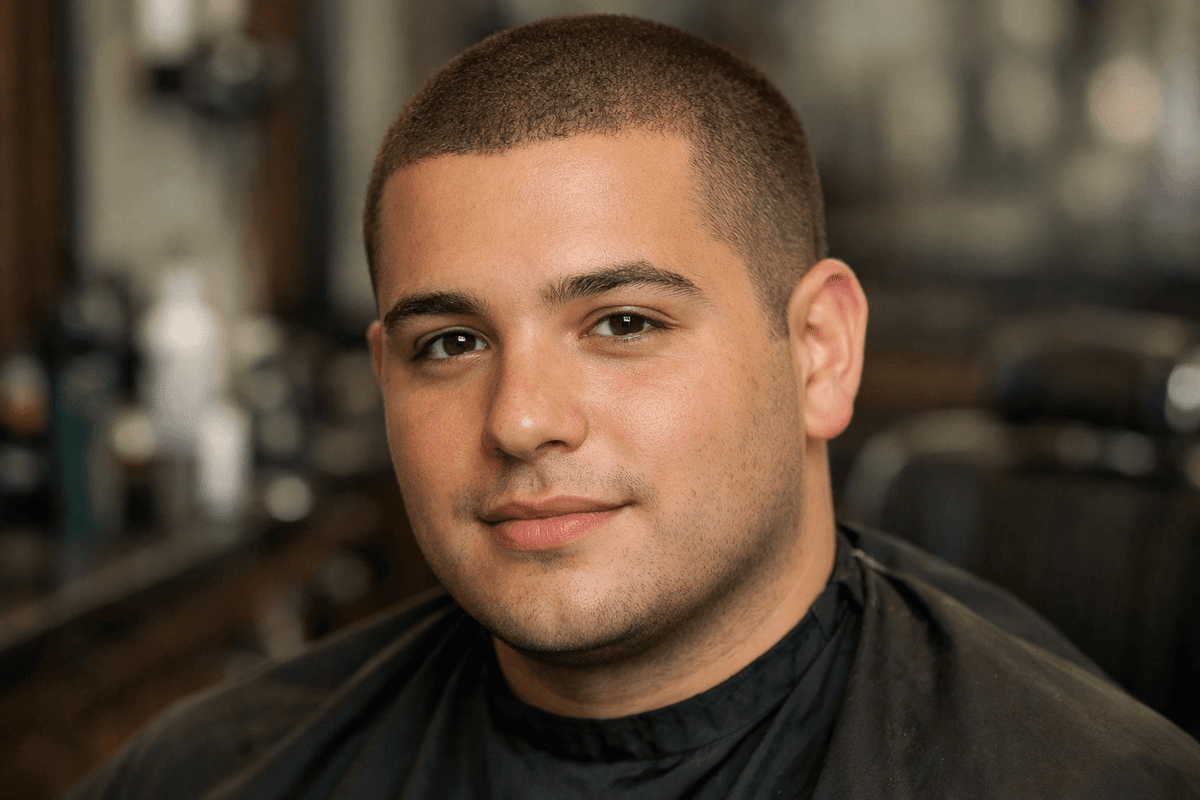 Buzz cut em homem com rosto redondo e mandíbula suave evidenciando circularidade