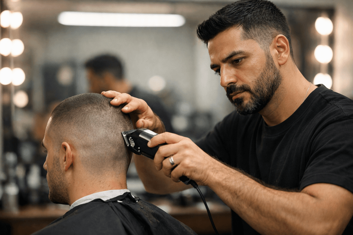 Barbeiro aplicando buzz cut com máquina em cliente mostrando técnica de nivelamento