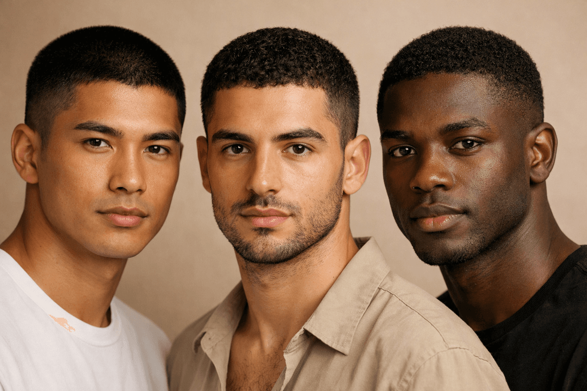 Comparação de buzz cut em três texturas: liso, cacheado e crespo