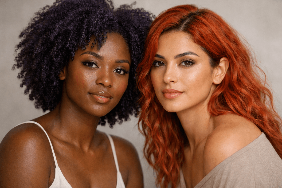 Comparação visual entre mulher de subtom frio com cabelo roxo e mulher de subtom quente com cabelo vermelho