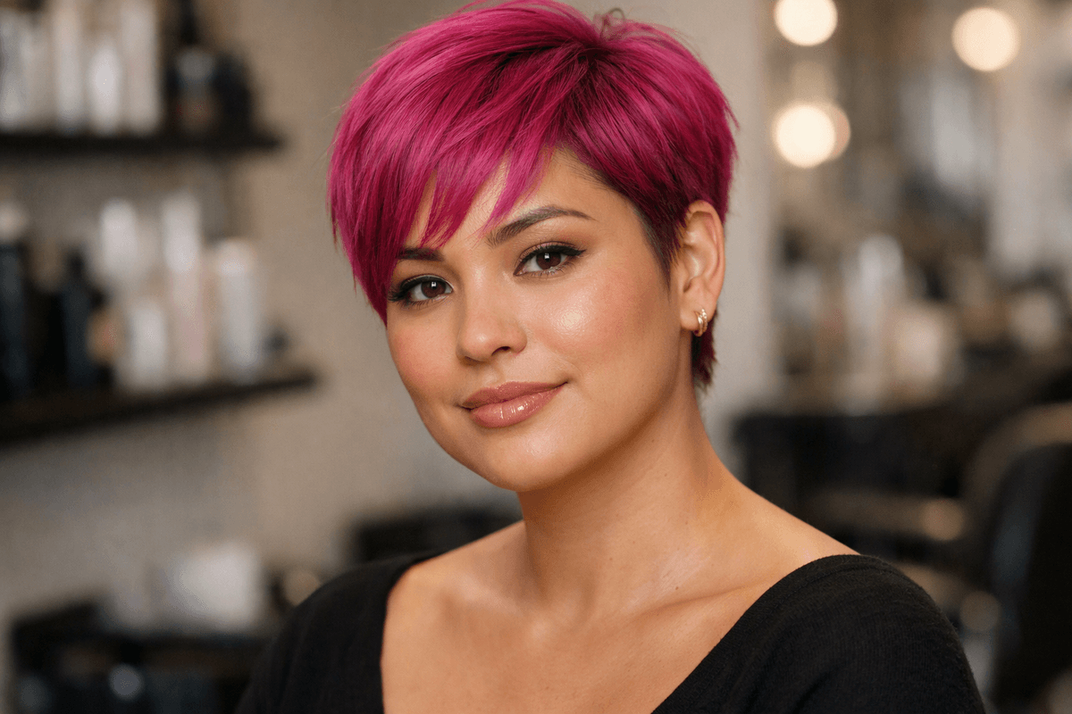Mulher com cabelo rosa pink vibrante em corte pixie e subtom de pele frio