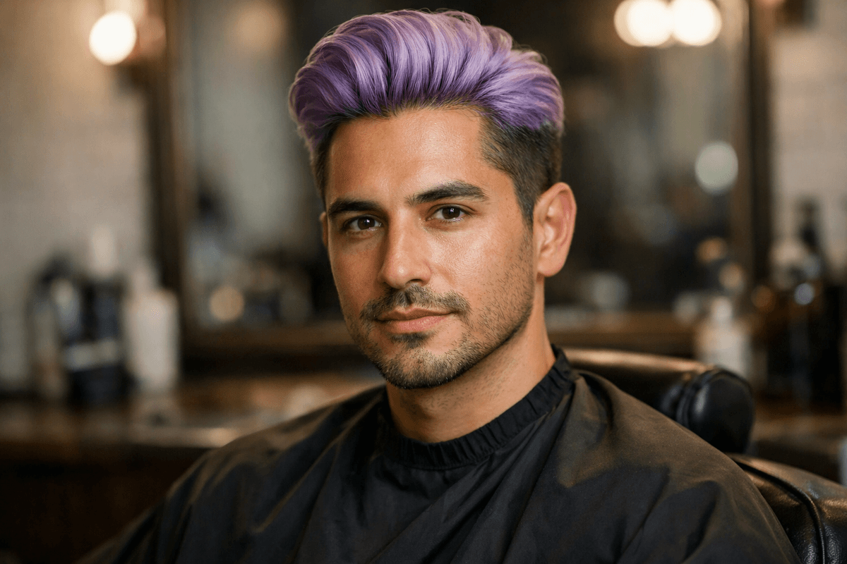 Homem com cabelo lilás em corte pompadour moderno e subtom de pele neutro