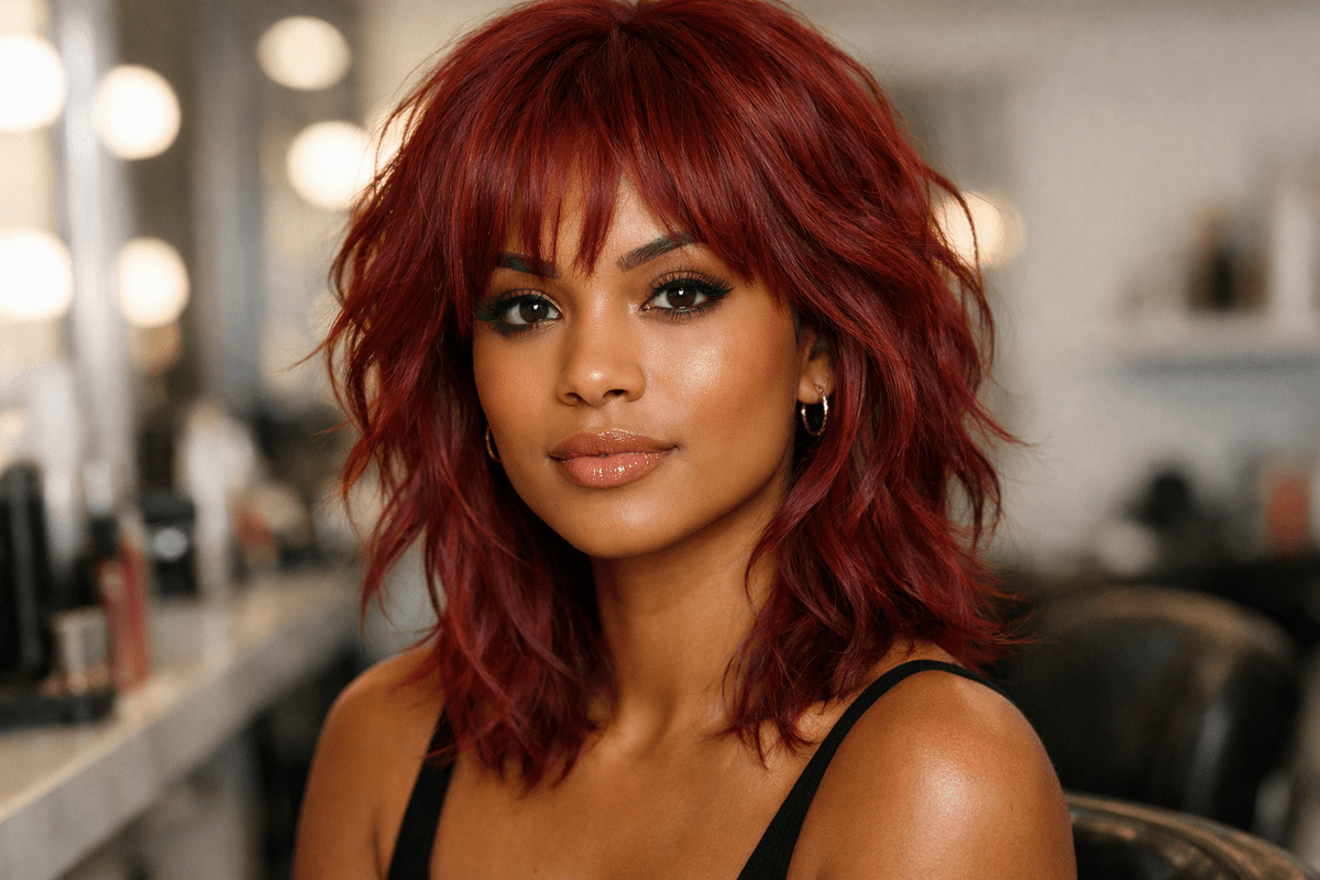 Mulher com cabelo vermelho vivo intenso em corte shag e subtom de pele quente