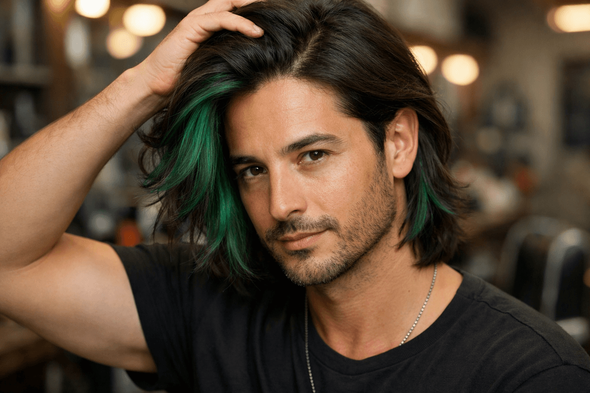 Homem com underlights verde-esmeralda escondidos sob camada superior de cabelo castanho