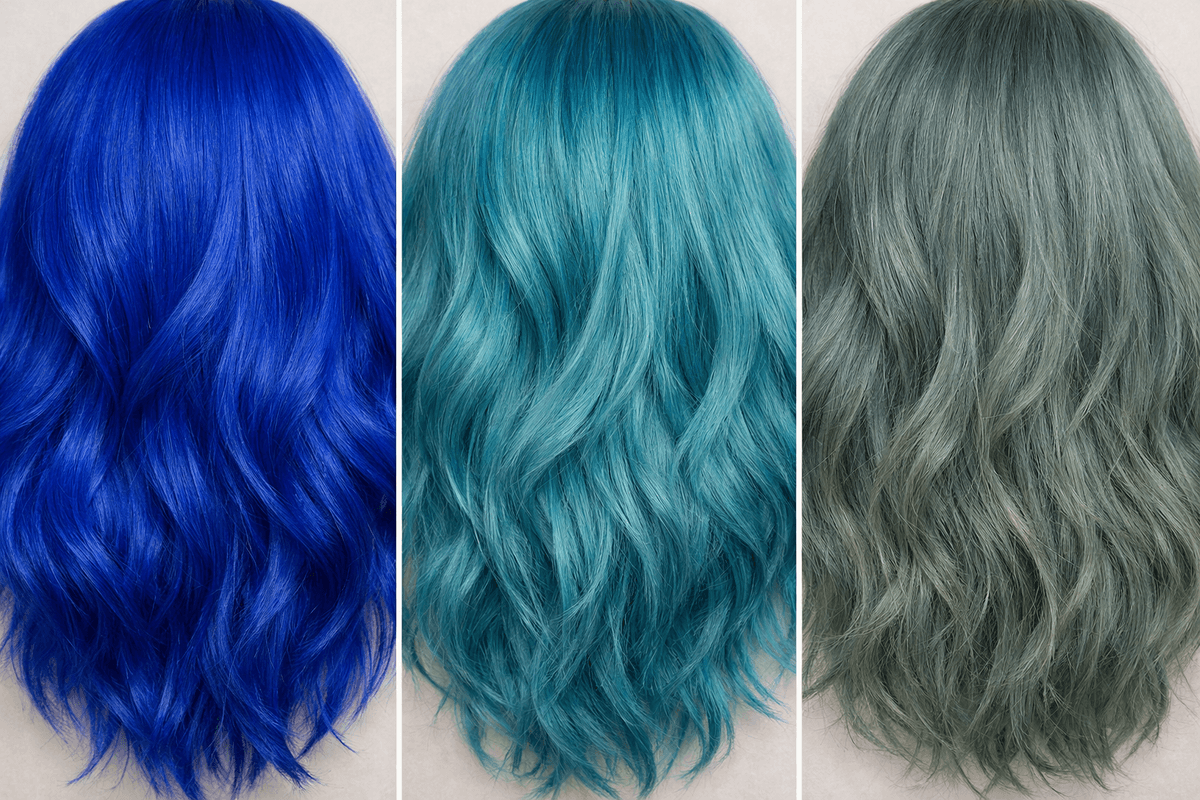 Sequência visual de cabelo azul desbotando para tons esverdeados ao longo do tempo