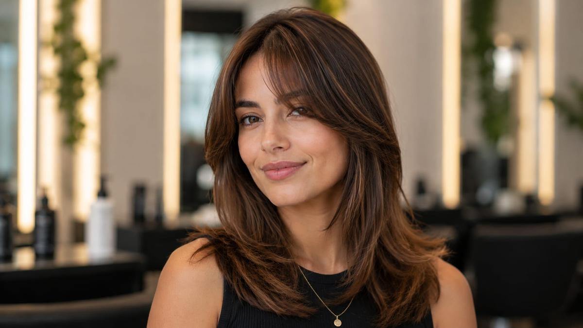Mulher com cabelo castanho médio e estilo de franja cortina, com franja para cabelo fino.