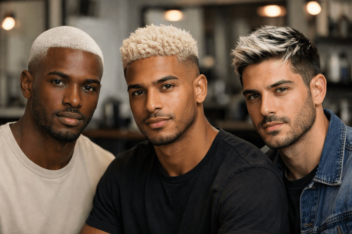 Comparação visual entre três tons de descoloração masculina: nevou branco, platinado claro e luzes estratégicas