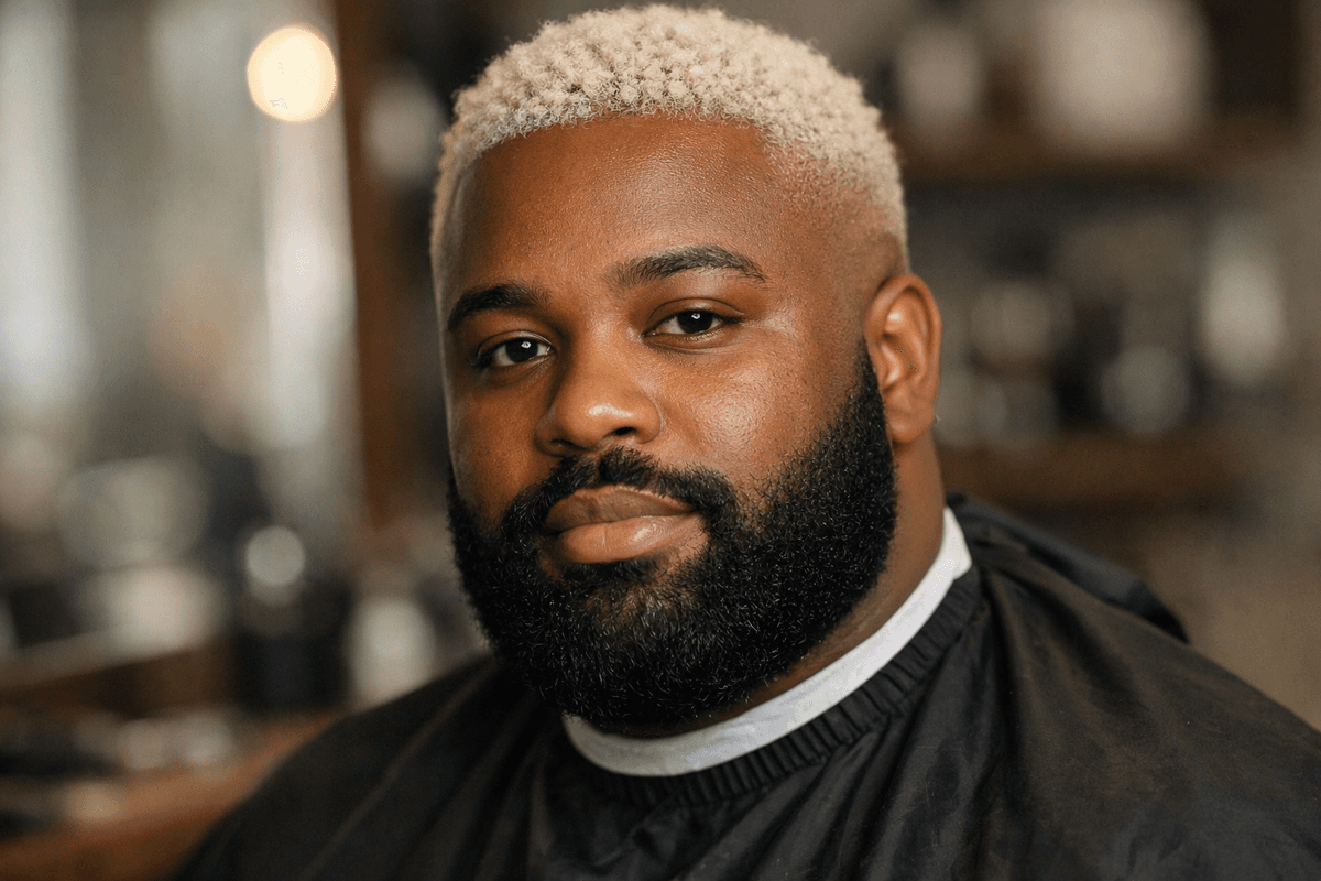 Homem com cabelo nevou e barba escura mostrando alto contraste facial em ambiente de barbearia