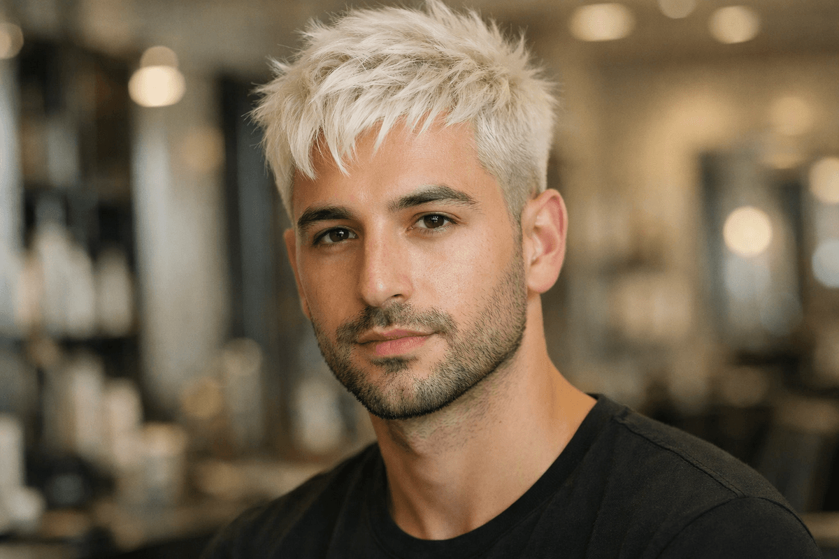 Topo texturizado nevou com camadas desconectadas em cabelo quase branco