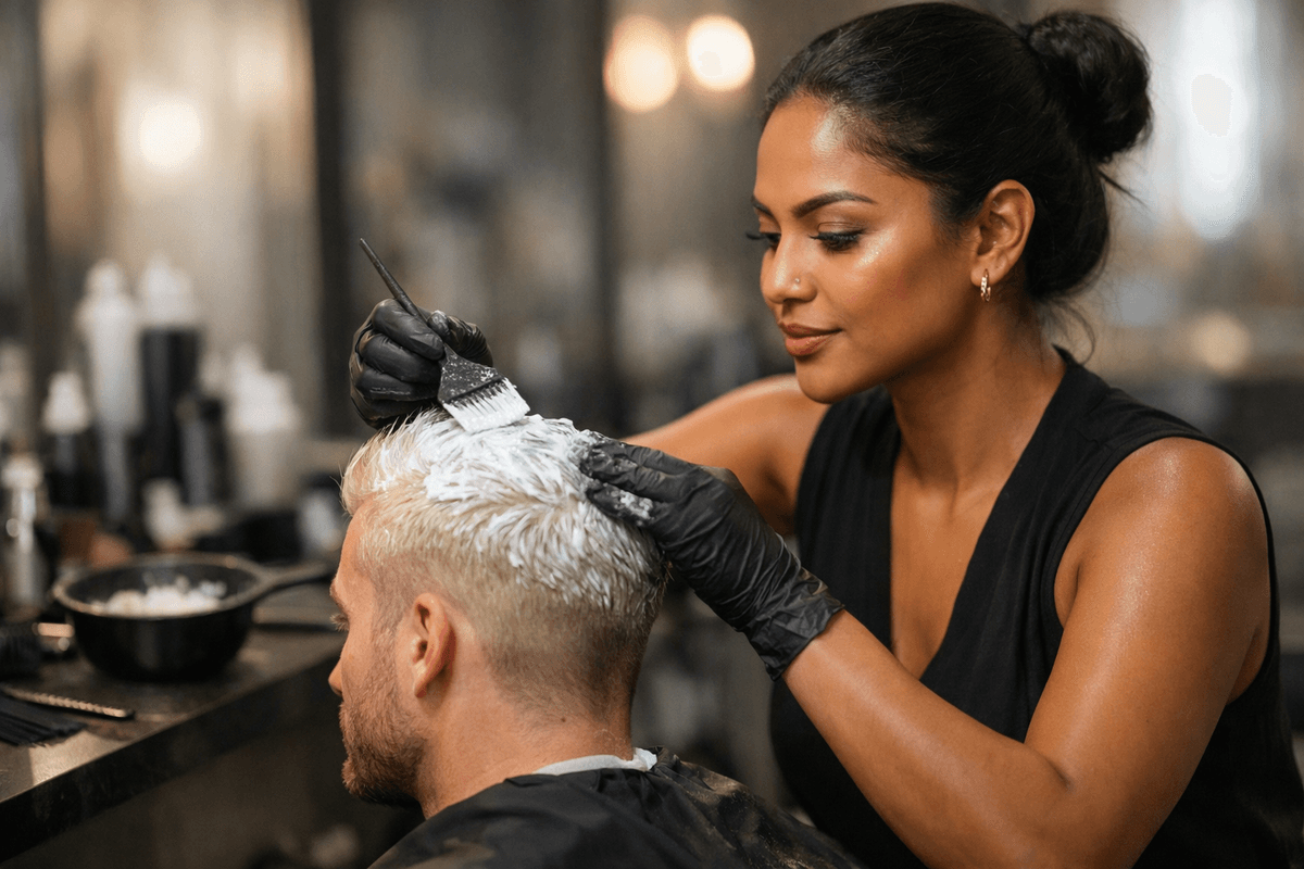 Cabeleireiro aplicando descoloração em cabelo masculino em salão profissional com iluminação adequada
