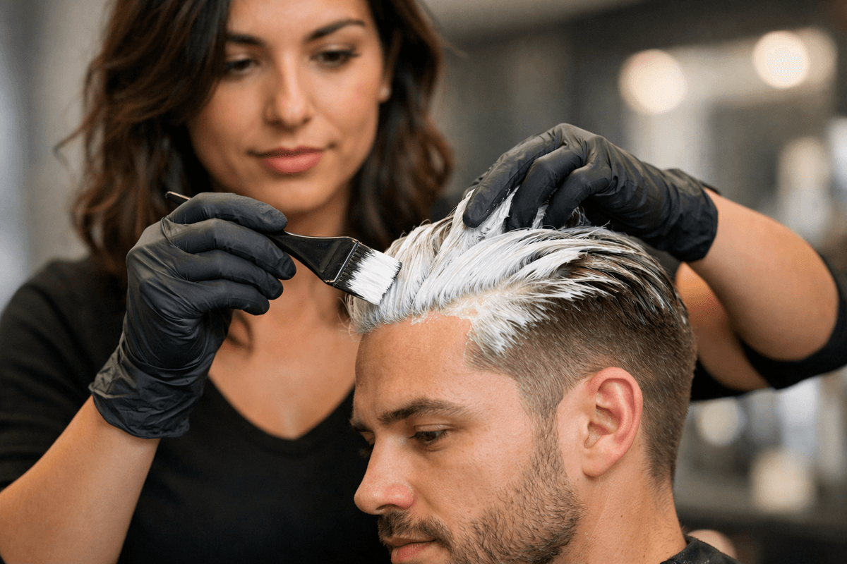 Aplicação cuidadosa de descolorante em cabelo masculino evitando contato direto com o couro cabeludo
