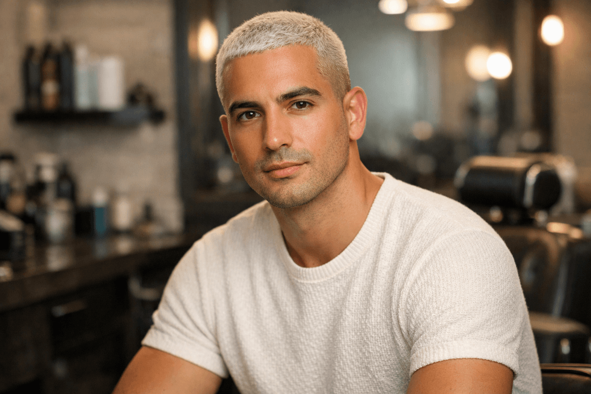Resultado final de cabelo nevou bem cuidado mostrando tom branco uniforme e corte estruturado