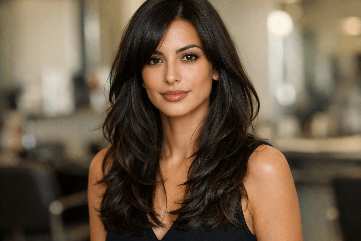 Cabelo longo com camadas longas em mulher brasileira com rosto oval