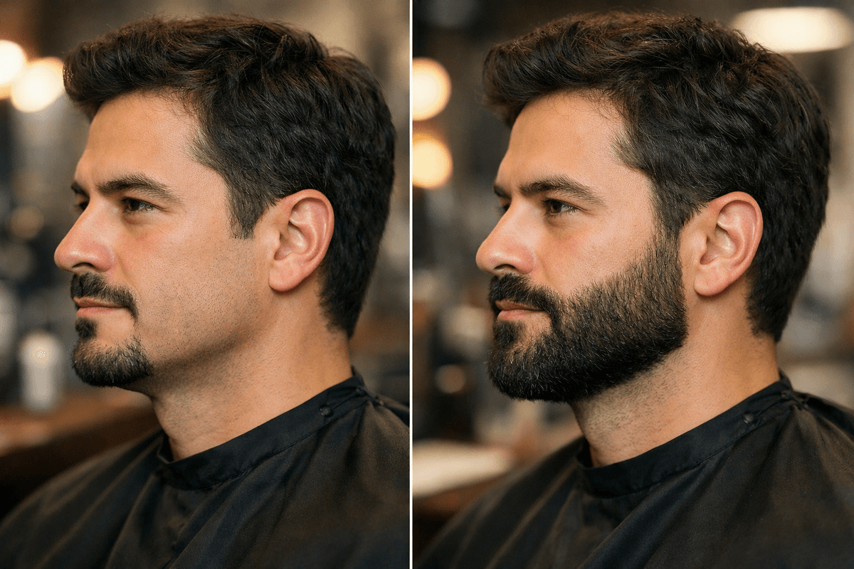 Comparação visual lado a lado: homem com cavanhaque e mesmo homem com barba completa em perfil